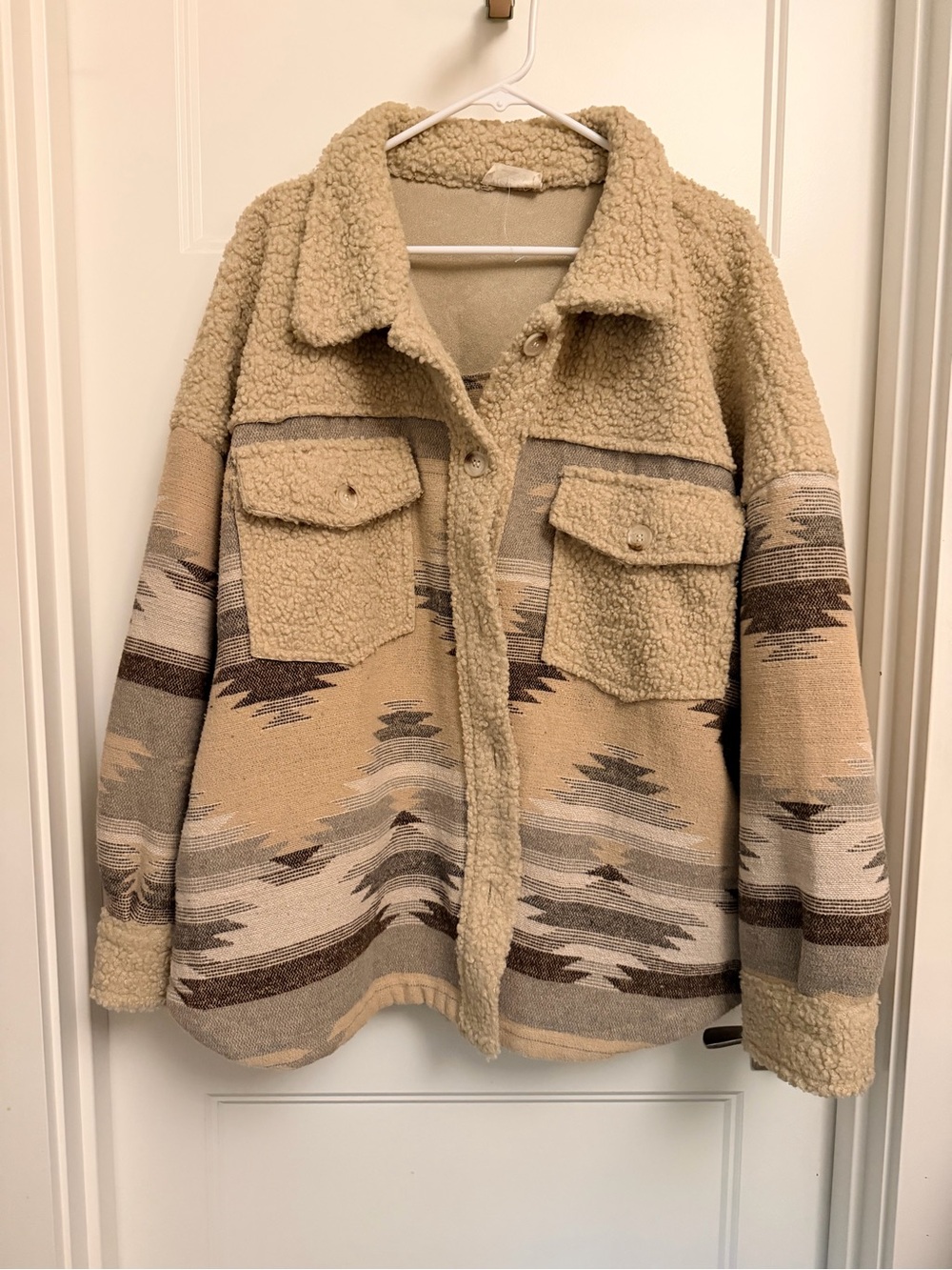 Women's Beige Sherpa Aztec Jacket by New In- Cozy Button-Front Coat